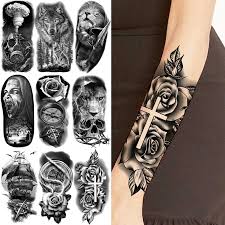 Black Rose Flower Cross Temporary Tattoos